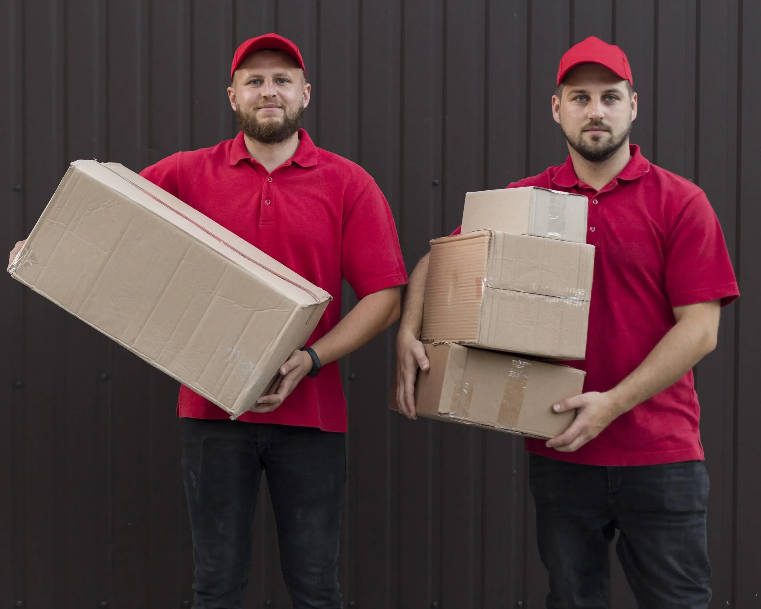 movers standing infront of moving vehicle and they are holding a boxes